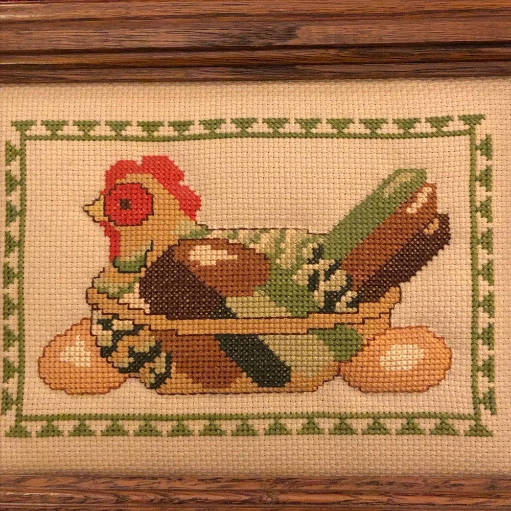 Framed Vintage  Cross-Stitch Nesting Hen with Eggs Rustic Farmhouse Whimsical - Picture 12 of 12